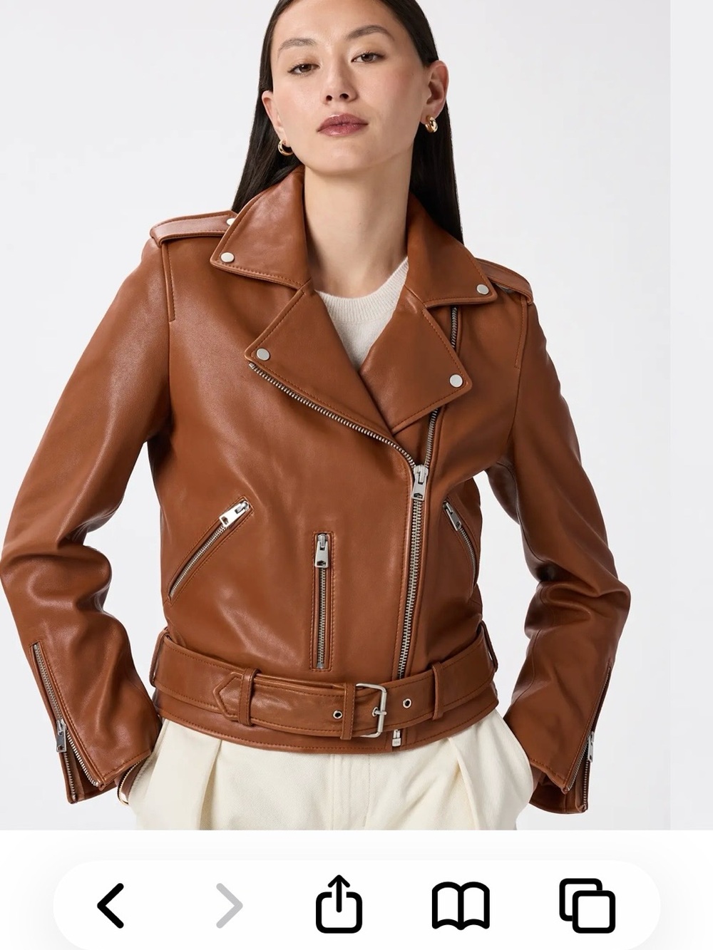 Quince Cognac Leather Moto Jacket - Belted Biker Style